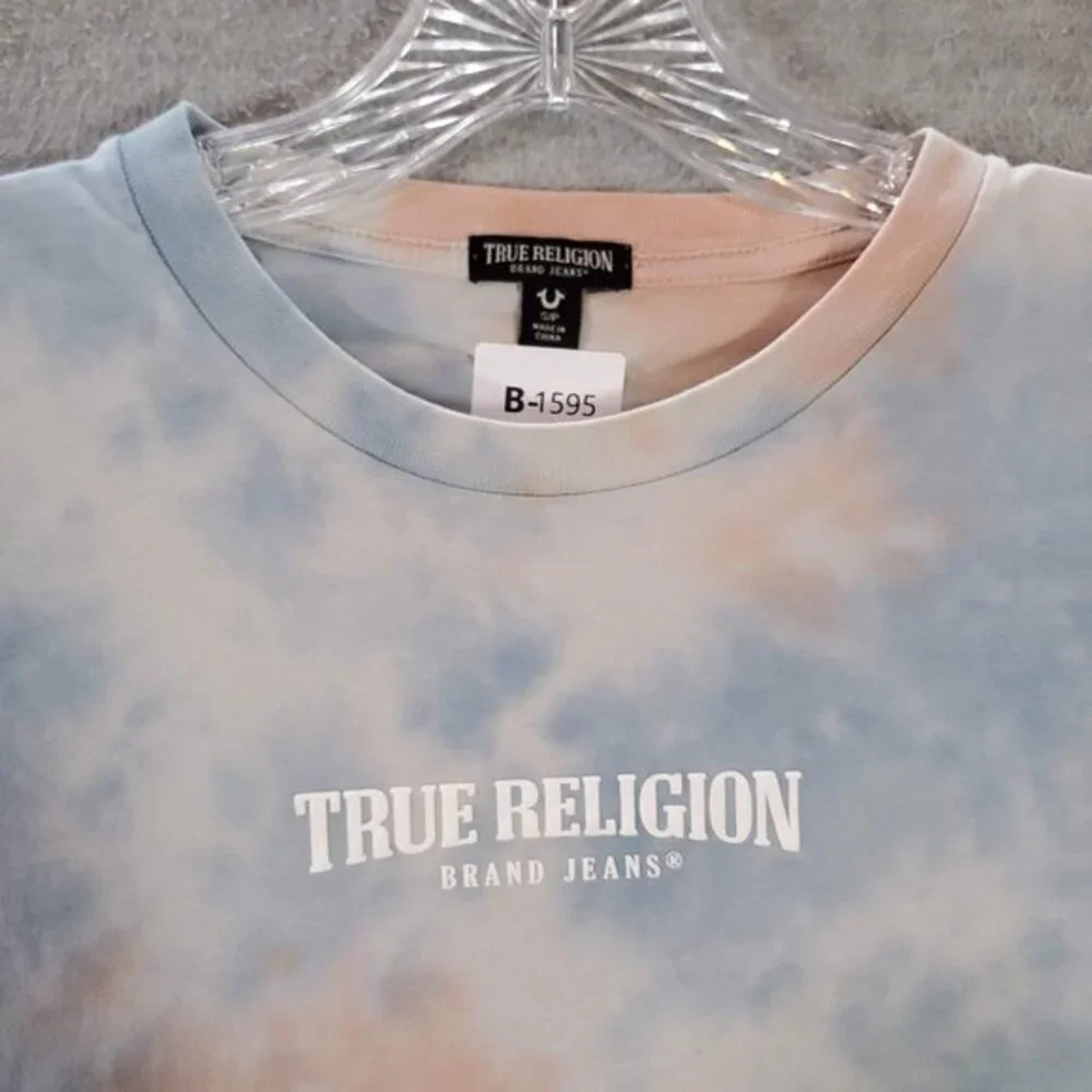 True Religion Men Shirt Small Blue Tie Dye Logo Graphic‎ Print Short Sleeve